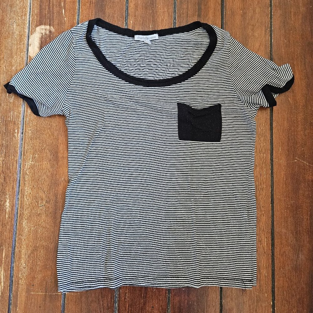 Charlotte Russe Black White Striped Short Sleeve Crew Neck Pocket Tee Tshirt M